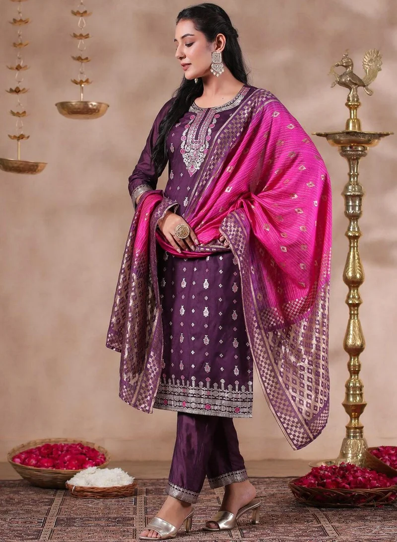 آي شين Women's Purple Polyester Blend Self Design Full Length Palazzo Kurta Set