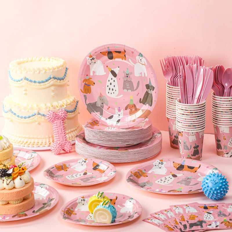 Jinei 350 Pcs Dog Birthday Party Supplies Pink Dog Tableware Set Serves 50 Guests Puppy Birthday Decorations Includes Pink Puppy Plates Cups Napkins Forks Knives Spoons for Party Supplies - Image 4