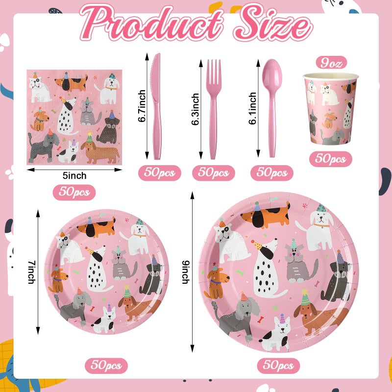 Jinei 350 Pcs Dog Birthday Party Supplies Pink Dog Tableware Set Serves 50 Guests Puppy Birthday Decorations Includes Pink Puppy Plates Cups Napkins Forks Knives Spoons for Party Supplies - Image 2