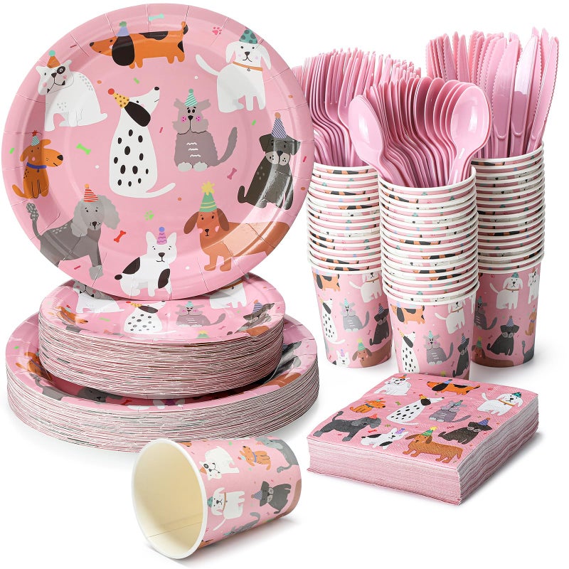 Jinei 350 Pcs Dog Birthday Party Supplies Pink Dog Tableware Set Serves 50 Guests Puppy Birthday Decorations Includes Pink Puppy Plates Cups Napkins Forks Knives Spoons for Party Supplies - Image 1