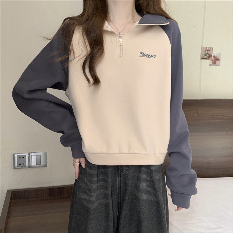 Cross-border Real-life European and American-style Half-zipper Polo Collar Contrast Color Embroidered Letter Sweat Womens Thin Loose Top Brown - Image 4