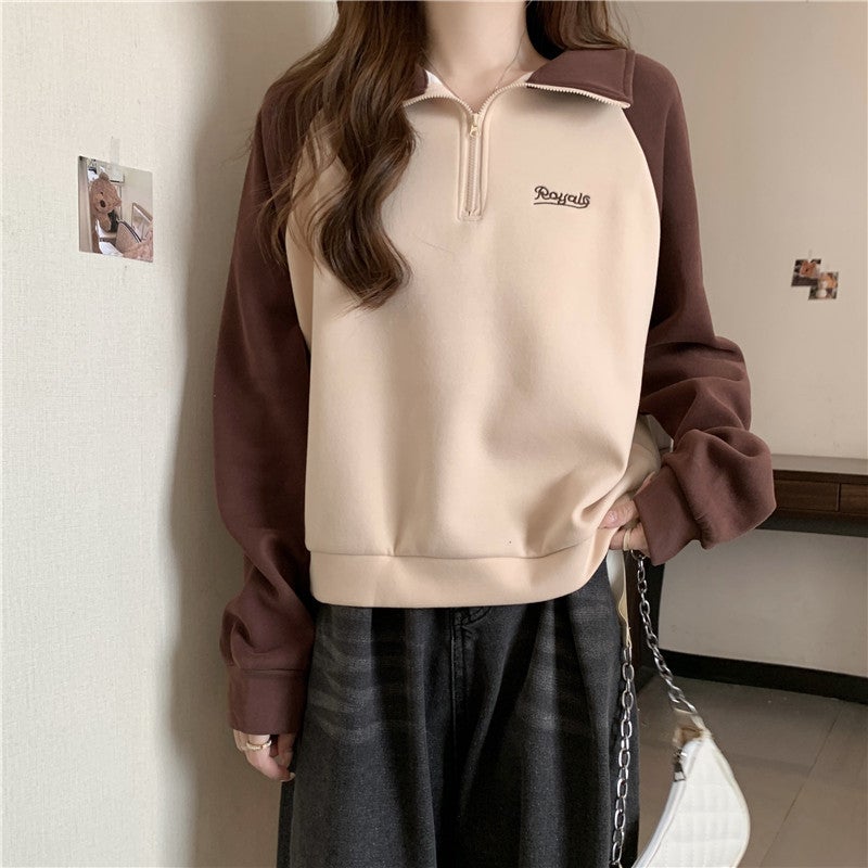 Cross-border Real-life European and American-style Half-zipper Polo Collar Contrast Color Embroidered Letter Sweat Womens Thin Loose Top Brown - Image 1
