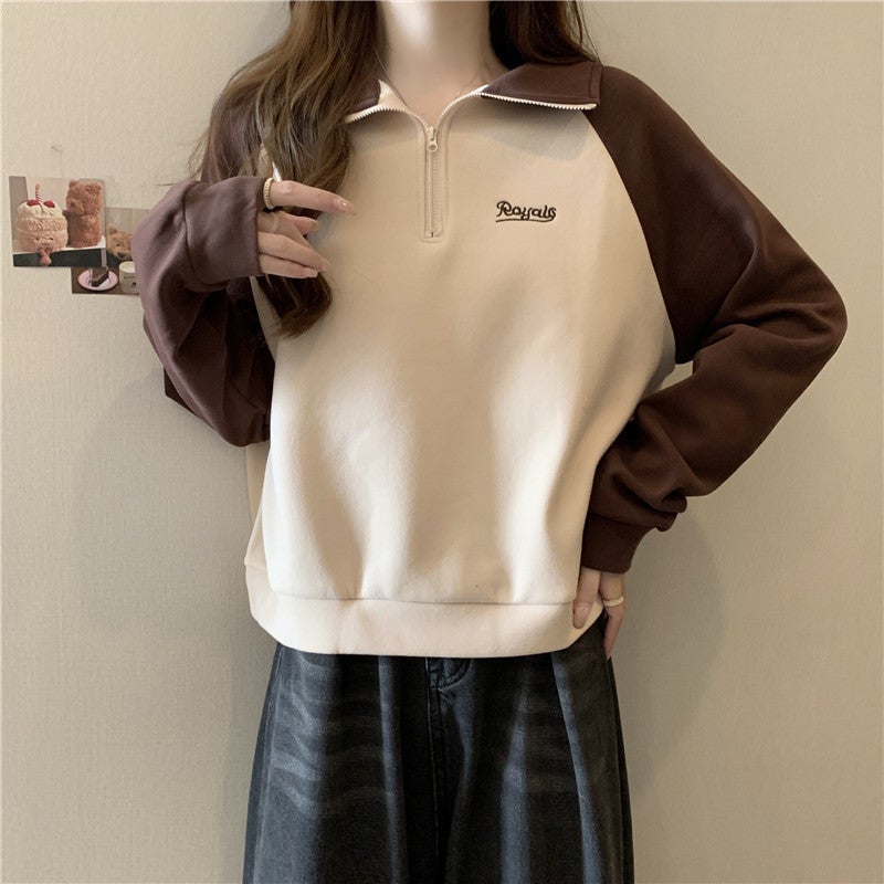 Cross-border Real-life European and American-style Half-zipper Polo Collar Contrast Color Embroidered Letter Sweat Womens Thin Loose Top Brown - Image 3