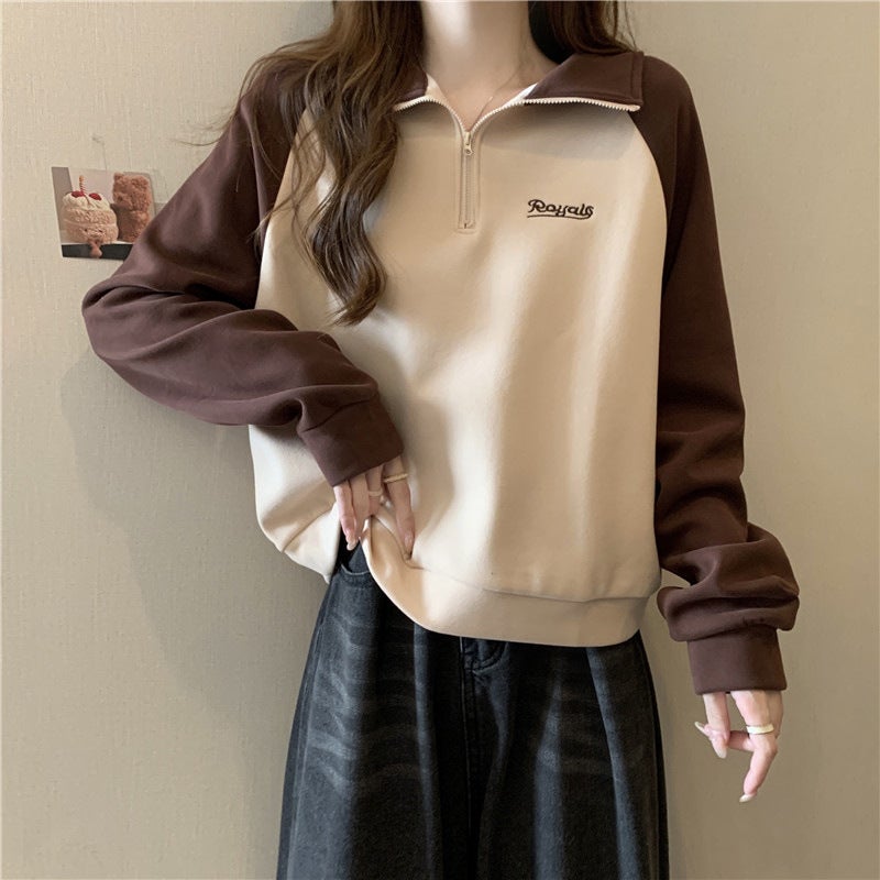 Cross-border Real-life European and American-style Half-zipper Polo Collar Contrast Color Embroidered Letter Sweat Womens Thin Loose Top Brown - Image 2