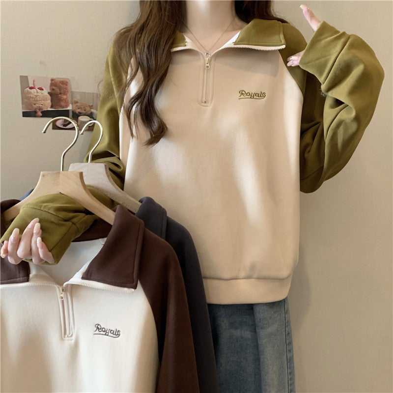 Cross-border Real-life European and American-style Half-zipper Polo Collar Contrast Color Embroidered Letter Sweat Womens Thin Loose Top Brown - Image 5