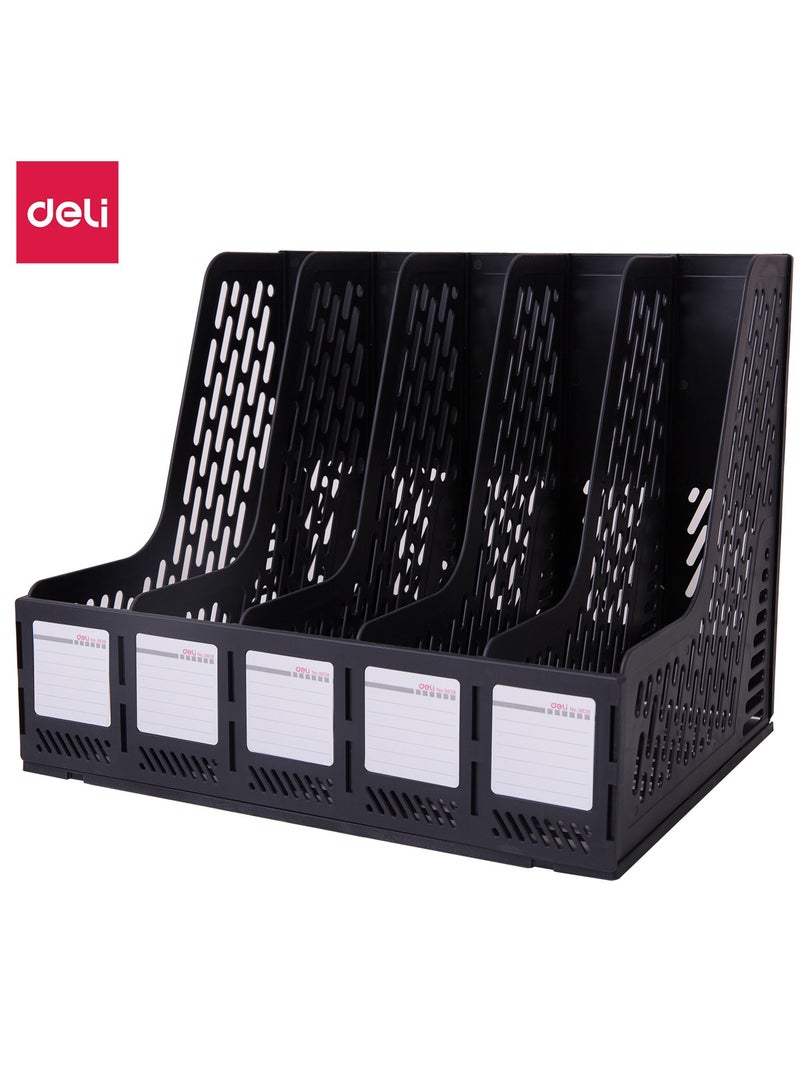 Deli E9838 Magazine File Organizer, 4 Compartments, Black, High Quality PP Material, Easy Assemble and Disassemble, Index Labels for Document Classification - Image 1