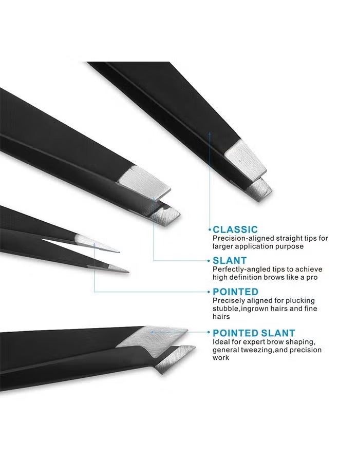 Tweezers Set - Professional Stainless Steel Tweezers For Eyebrows - Great Precision For Facial Hair, Splinter And Ingrown Hair Removal Black - Image 4