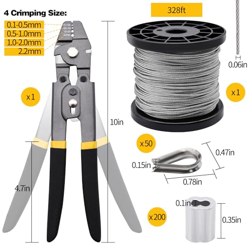 FGBNM 328ft Wire Rope Crimping Tool Kit, 1/16" Stainless Steel Wire Rope Cable with Aluminum Crimping Sleeves and Stainless Steel Thimbles for Railing, Decking, Picture Hanging - Image 2