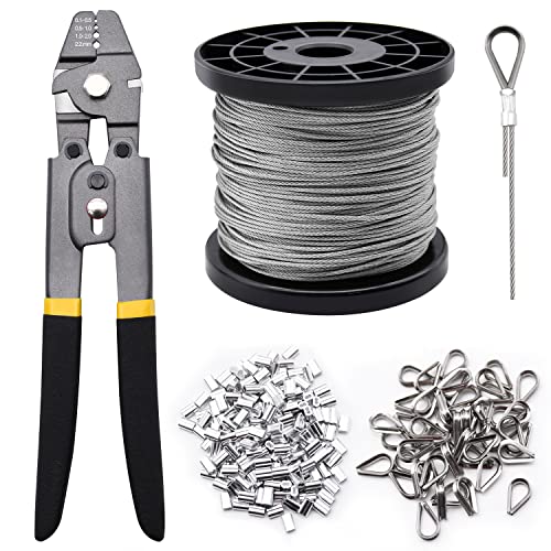 FGBNM 328ft Wire Rope Crimping Tool Kit, 1/16" Stainless Steel Wire Rope Cable with Aluminum Crimping Sleeves and Stainless Steel Thimbles for Railing, Decking, Picture Hanging - Image 1