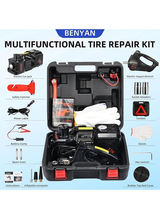 Gasin 5-ton hydraulic jack kit, with electric wrench, air pump, warning light, and emergency sign. The ultimate roadside emergency solution for all vehicle types. - Image 2