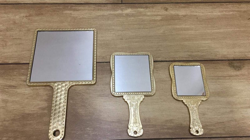 Victor Enterprises 7 Inch 5 Inch 4 Inch Hand Mirror Handheld Mirror with Handle Portable Mirror Personal Makeup Plastic Square Mirror Set of 3 Gold - Image 1