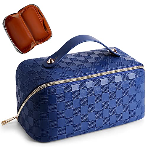 Cessfle Travel Makeup Bag, Checkered Makeup Bag Large Capacity Cosmetic Bag, Parallel Makeup Bag Large Makeup Bags for Women with Handle and Divider - Image 1