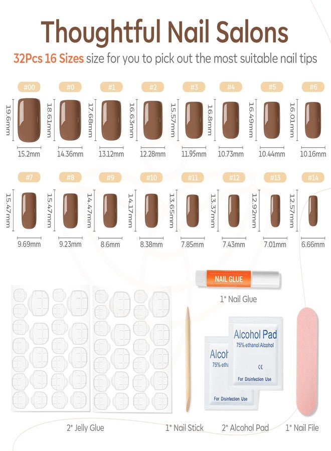 Modelones 32Pcs Brown Press on Nails, Christmas Short Square Fake Nails, Reusable Nail Kit with Nail Glue Adhesive Tabs Mini Nail File, Nails Press Ons 16 Sizes - Image 3