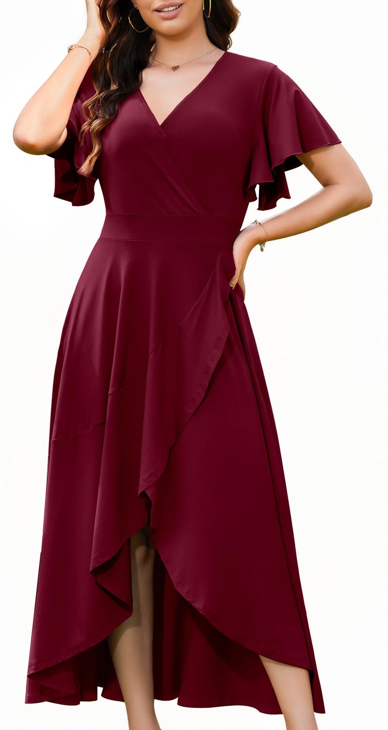 WEACZZY Wedding Guest Dresses V Neck Ruffle Sleeve Maxi Dresse for Women Party Dress Formal Dresses Gowns Evening Party Cocktail Dress,Wine Red,L - Image 1