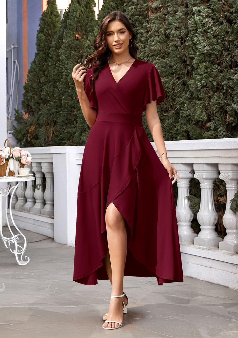 WEACZZY Wedding Guest Dresses V Neck Ruffle Sleeve Maxi Dresse for Women Party Dress Formal Dresses Gowns Evening Party Cocktail Dress,Wine Red,L - Image 3