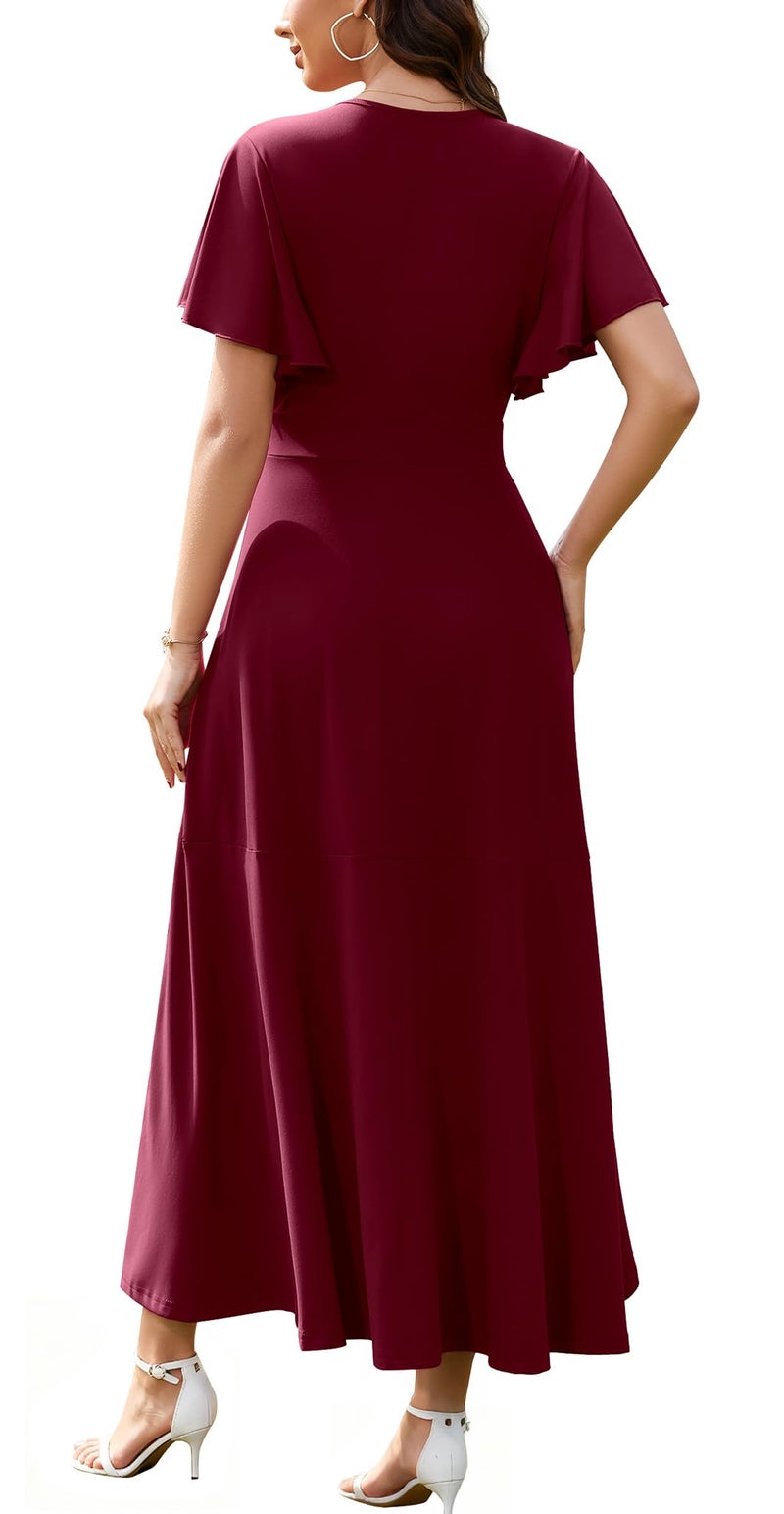 WEACZZY Wedding Guest Dresses V Neck Ruffle Sleeve Maxi Dresse for Women Party Dress Formal Dresses Gowns Evening Party Cocktail Dress,Wine Red,L - Image 4
