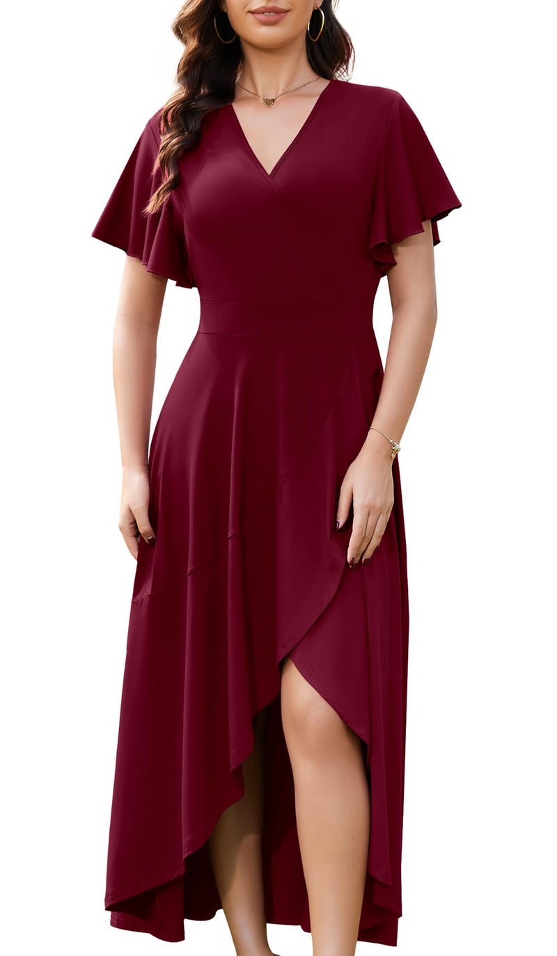 WEACZZY Wedding Guest Dresses V Neck Ruffle Sleeve Maxi Dresse for Women Party Dress Formal Dresses Gowns Evening Party Cocktail Dress,Wine Red,L - Image 2