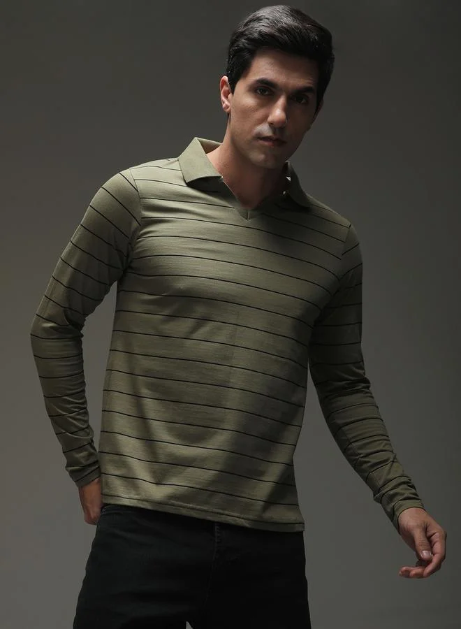 ديلينجر تيشيرت بولو مخطط بياقة مفتوحة وقصة عادية للرجال