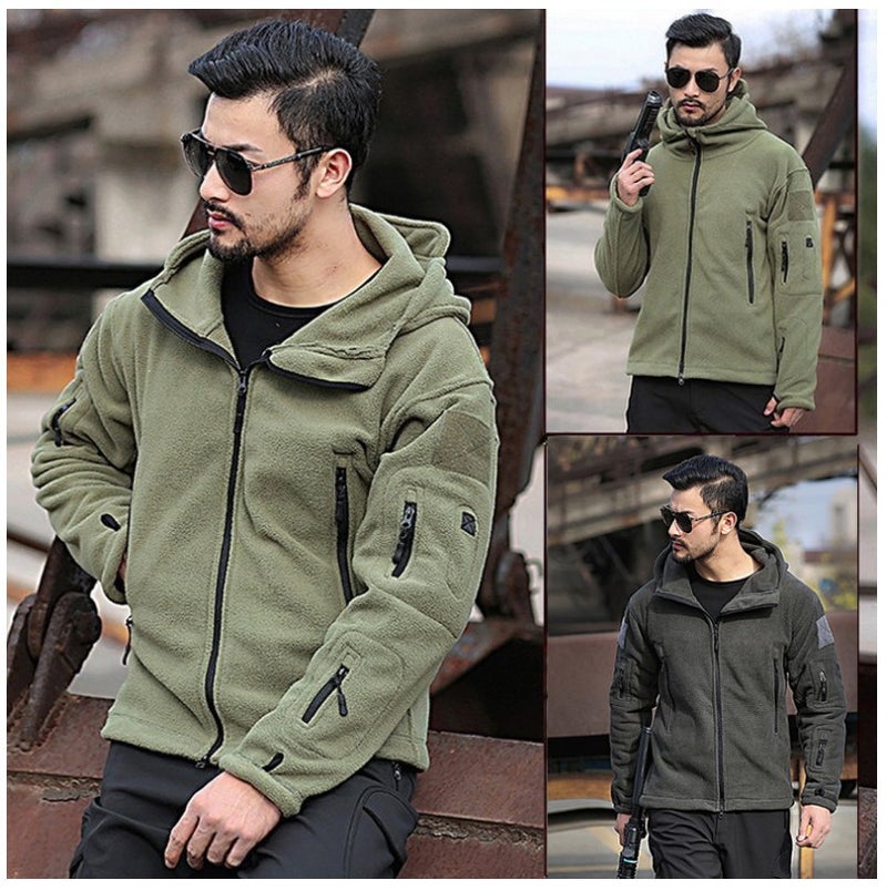 Foreign Trade Men's Outdoor Warm Lining Fleece Jacket Men's Cold-Proof Jacket Hooded Jacket Pure Color Hooded Jacket - Image 5