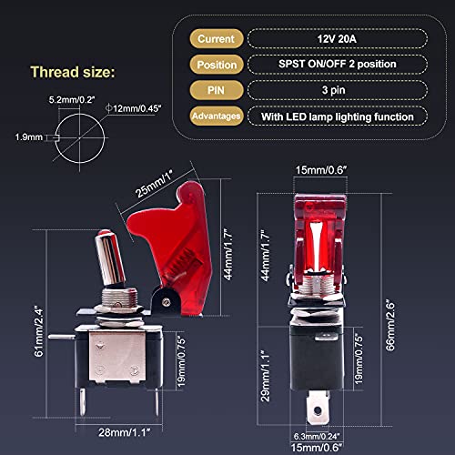 Twidec/3Pcs Rocker Toggle Switch 12V 20A Heavy Duty Racing Car Automotive Auto SPST ON/Off Toggle Switch Red LED Light Illuminated 3Pin with Red Waterproof Safety Cover ASW-07DRRMZ - Image 4