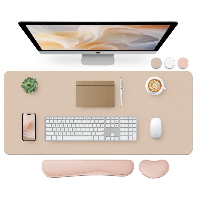Bloss Leather Desk Pad and Keyboard Wrist Rest Large Mouse Pad Keyboard PadMouse Wrist Support NonSlip Desk Mat Protector for Office Home 354157 InchesBeige
