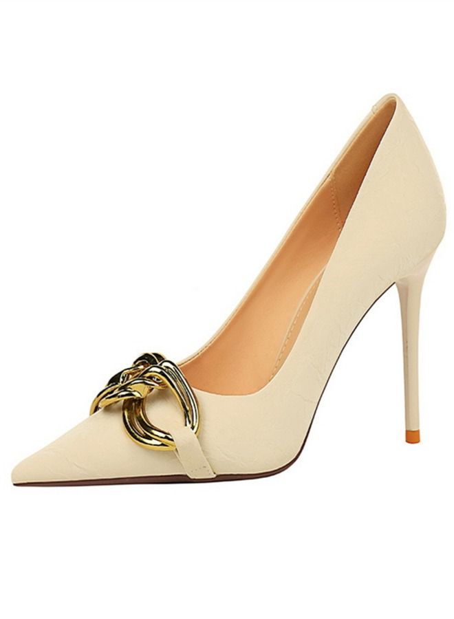 BIGTREE Shallow Pointed Large Metal Buckle High Heels 9.5CM White - Image 2