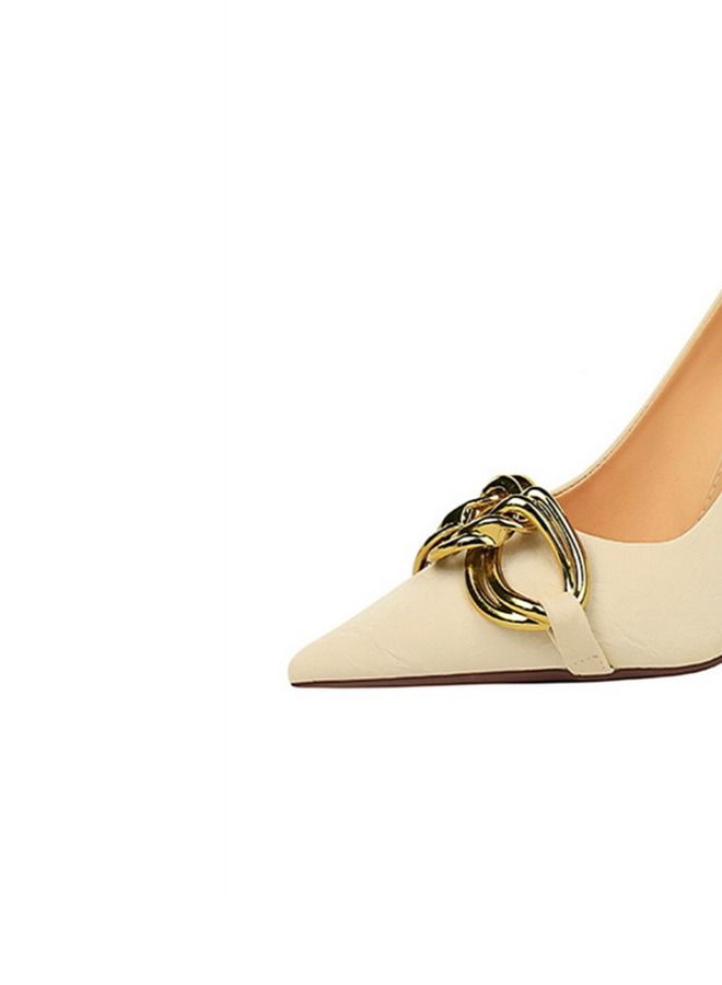 BIGTREE Shallow Pointed Large Metal Buckle High Heels 9.5CM White - Image 3