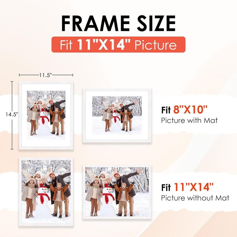 FIXSMITH 11x14 Picture Frame, White Photo Frame with HD Plexiglass, Display Pictures 8x10 with Mat or 11x14 Without Mat, Picture Frames Collage for Wall Display, 2 Pack - Image 2