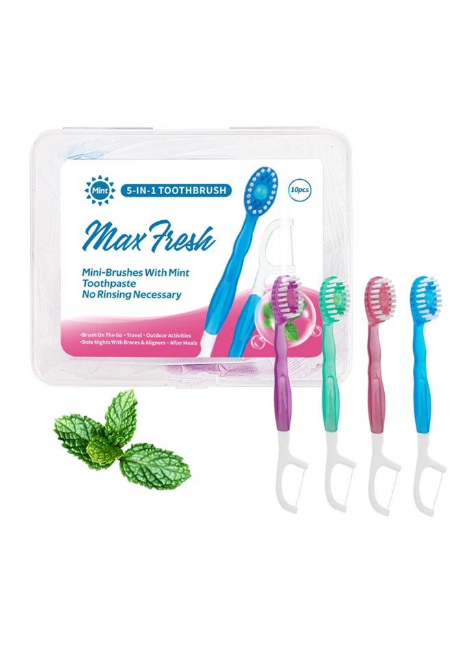 YelaJoy 10 Pcs 5-in-1 Disposable Toothbrushes, Travel Toothbrush, with Floss Tongue Scraper Toothbrush, Tooth Flossing Inter Dental Brush with Toothpaste (Colorful)  - Image 1