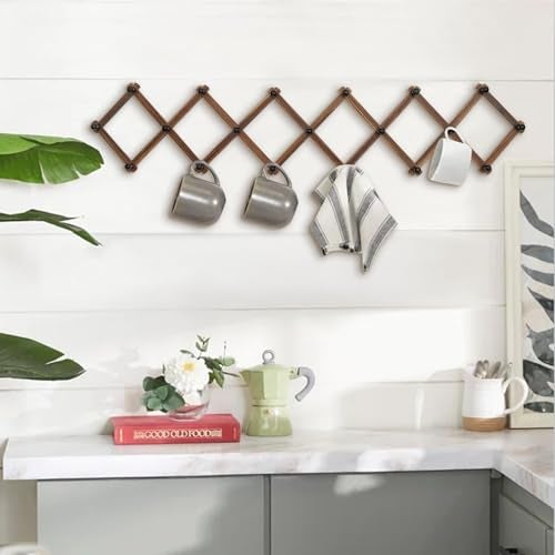 WGFKVAS Expandable Coat Rack, Accordion Wall Hangers, 19 Hooks Wooden Hat Rack Wall Mounted, Hat Hooks for Keys, Coffee Mug, Coats - Image 5