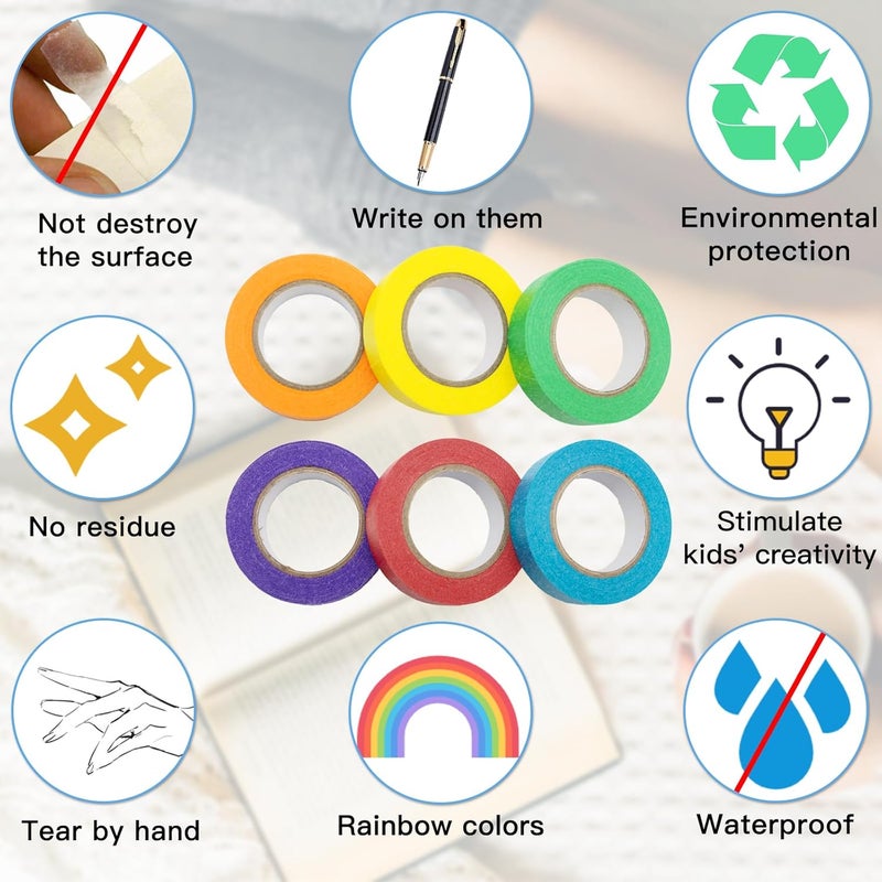 اولكيلا شريط لاصق ملون ١٦ ياردة لكل لفة، ٦ لفات من شريط الرسم بألوان قوس قزح، شريط للرسامين، شريط للحرف اليدوية، شريط للتسميات، شريط ورقي للمجلات النقطية، ديكورات الحفلات، أعمال يدوية يدوية - Image 4