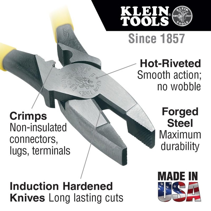 Klein Tools D213-9NE-CR Lineman's Crimping Pliers, Made in USA, Streamlined High-Leverage Design Made of Induction Hardened Steel, 9-Inch - Image 2