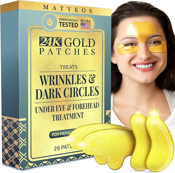 Matykos 24K Gold Under Eye and Forehead Patches 26 PCS Collagen and Hyaluronic Acid Pads that Helps Reducing Under Eye Puffiness Wrinkles and Dark Circles NO Artificial Fragrance or Alcohol - Image 1