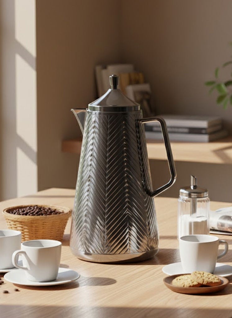 GAZELLA Plastic Tea/Coffee Flask 1 Liter Metallic Grey with Borosilicate Glass Inside - Image 1