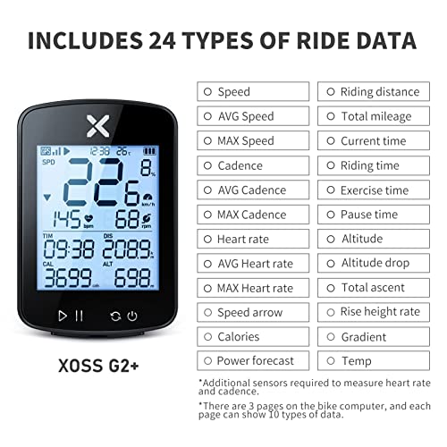 XOSS G+ Gen2 GPS Bike Computer with Mount, 2.2" Bluetooth Wireless Cycling Speedometer, Type-C Multifunctional ANT+ Bicycle Odometer with Auto Backlight and IPX7 Waterproof Bike Tracker (4 in 1) - Image 2