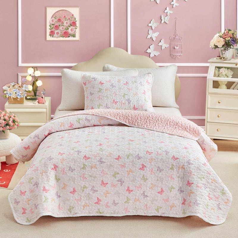 Joyreap Twin Size Quilt Set for Girls, Colorful Butterflies Pink Design, 2pcs Soft n Cozy Microfiber Quilt, Bedspread Bed Cover for All Season- 68x88 inches - Image 1