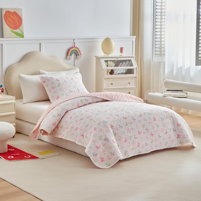 Joyreap Twin Size Quilt Set for Girls, Colorful Butterflies Pink Design, 2pcs Soft n Cozy Microfiber Quilt, Bedspread Bed Cover for All Season- 68x88 inches - Image 2