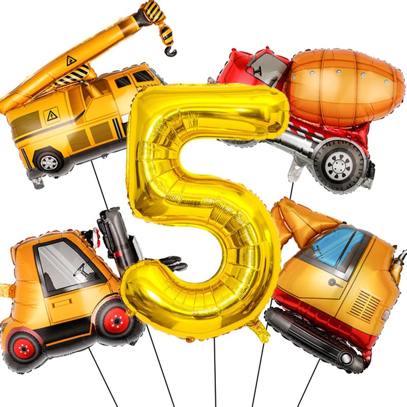 Tagberoy Construction Birthday Party Supplies 5 Year Old Large Construction Balloons 40Inch Gold Number 5 Balloon Construction Truck Foil Balloons for Boys 5th Construction Birthday Party Decorations - Image 3