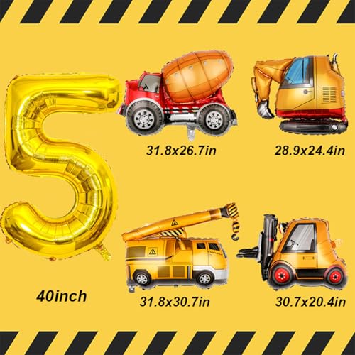Tagberoy Construction Birthday Party Supplies 5 Year Old Large Construction Balloons 40Inch Gold Number 5 Balloon Construction Truck Foil Balloons for Boys 5th Construction Birthday Party Decorations - Image 5
