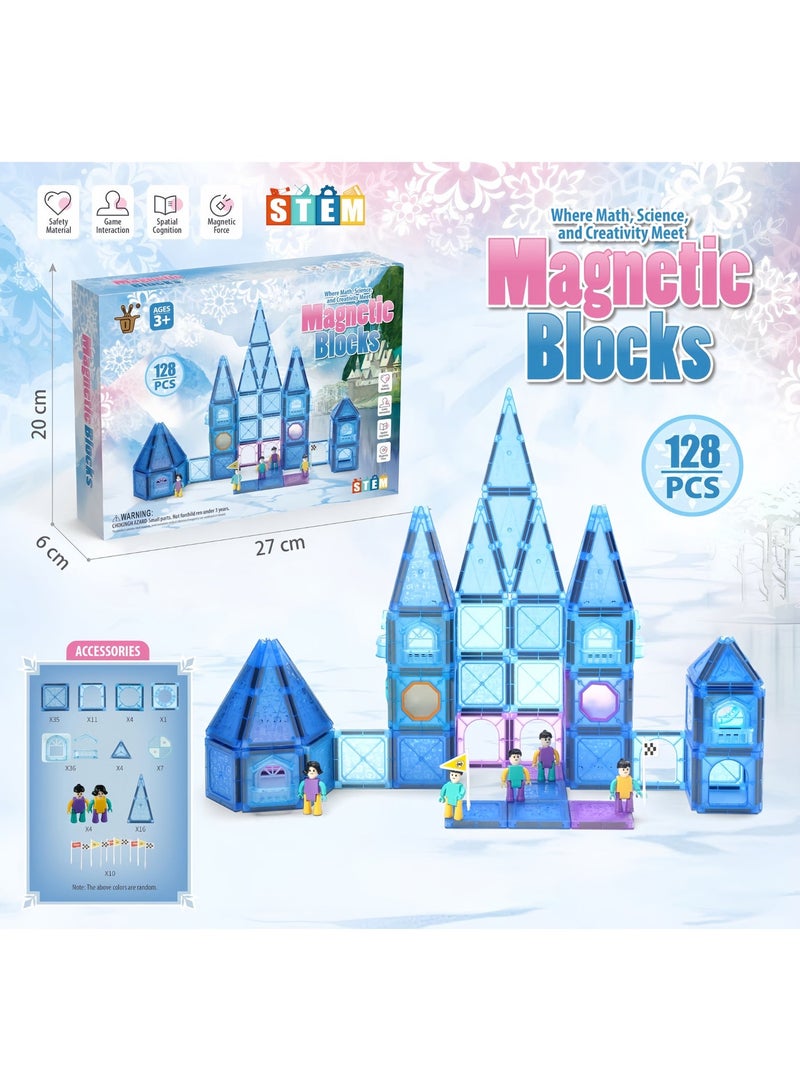 السيد باندا مكعبات مغناطيسية, 128 قطعة قطع مغناطيس للبناء, سطح ألماسي ألعاب مغناطيس, قطع تركيب للأطفال تعليمية STEM, نمط قلعة الثلج للعب التخيلي, هدايا عيد ميلاد للبنات, هدايا رمضان, هدايا العيد (أزرق جليدي وأبيض) - Image 2