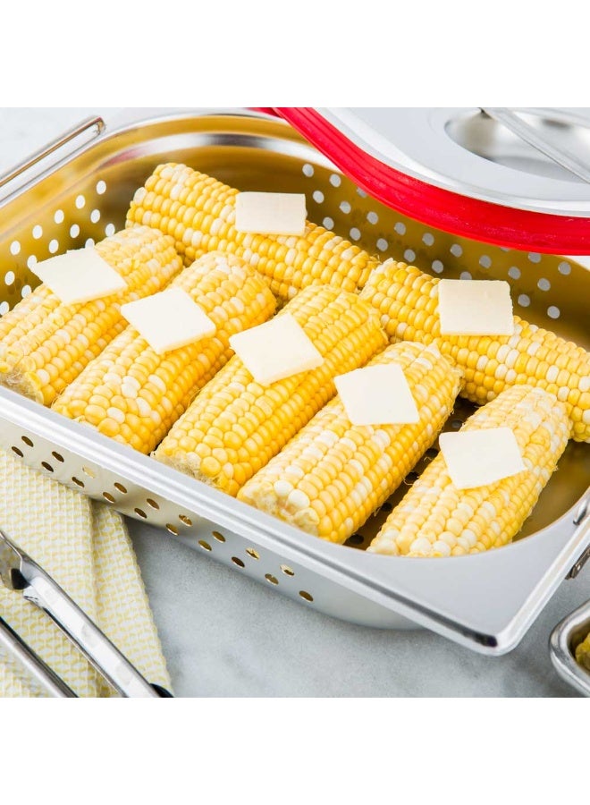 Restaurantware Half Size Perforated Steam Table Pan - 2.5" Deep - Collapsible Handles - Anti Jam - Commercial Grade Stainless Steel - 1ct Box - Met Lux - Image 3