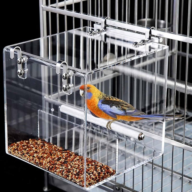 Xxmbbjy No Mess Bird Feeder for Cage, Automatic Acrylic Bird Feeder Seed Catcher Tray Cage with Stainless Steel Hooks for Small Parrots Canary Parakeet Budgerigar Crested Cockatiel Lovebird (Small) - Image 1