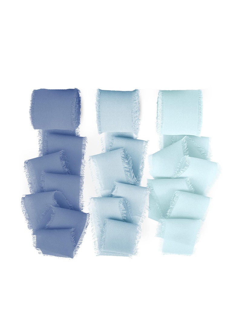 Sweet seven Chiffon Ribbon Fringe Fabric Ribbons Set - 3 Rolls,1.57" Wide x 5.47 Yd -Perfect for Wedding Decor, Gift Wrapping, Bridal Bouquets, and Handmade Crafts Light Blue Sky Blue and Haze Blue  - Image 1