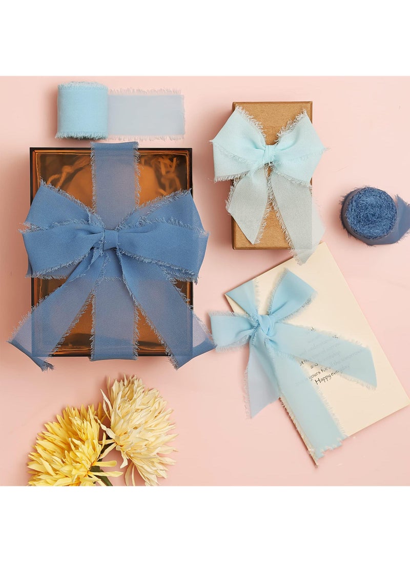 Sweet seven Chiffon Ribbon Fringe Fabric Ribbons Set - 3 Rolls,1.57" Wide x 5.47 Yd -Perfect for Wedding Decor, Gift Wrapping, Bridal Bouquets, and Handmade Crafts Light Blue Sky Blue and Haze Blue  - Image 3