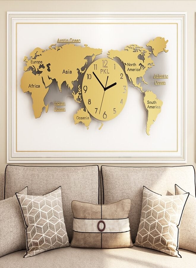 BUYCO ساعة حائط كبيرة من الأكريليك بتصميم خريطة العالم ثلاثية الأبعاد لتزيين المنزل باللون الذهبي DIY ذهبي - Image 1