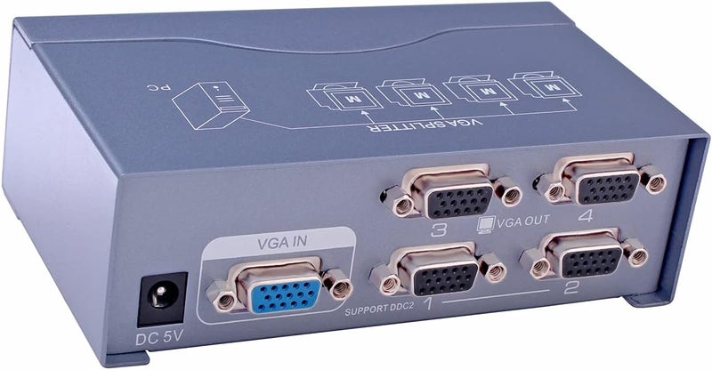 D-tech Powered 4 Port VGA Splitter Box Video Distribution Duplicator for 1 PC to Multiple Monitors Projector - Image 1
