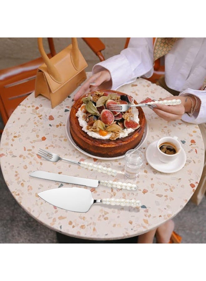 LBMT 4 PCS Pearl Cake Serving Set,Wedding Cake Knife and Server Set with Forks,Cake Cutting Set with Stainless Steel Serrated Edges Pearl Handle Cake Cutting Set ,Stainless Steel PieCutter Pizza Spatula, Wedding/Birthday/Anniversary Bridal Gift, Engagement Gift for Couples (Gold) - Image 4