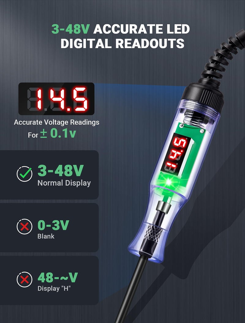 JASTIND Automotive Test Light with 3-48V LED Digital Readout, Automotive Circuit Tester with Voltmeter and Polarity Indicator Light, Electrical Voltage Test Pen with Stainless Probe for Fuse Car/Vehicles - Image 2