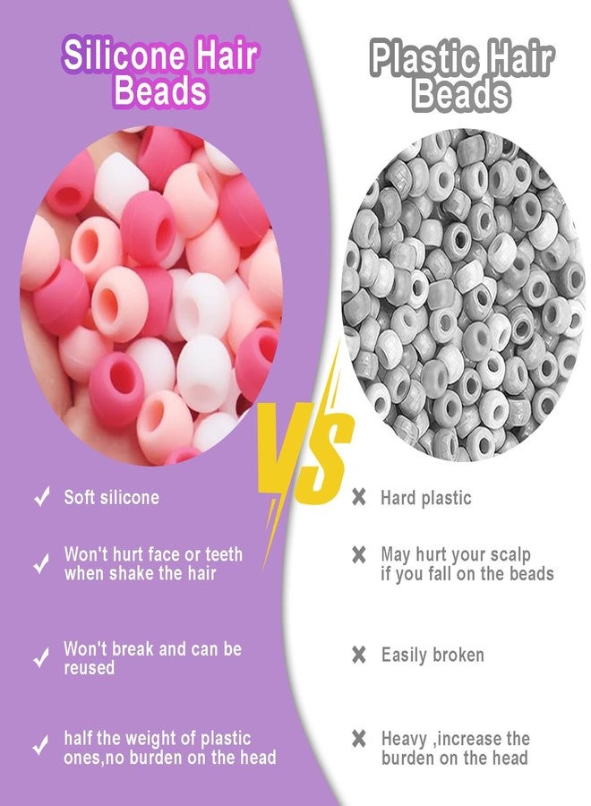 Deenwada 90pcs Silicone Hair Beads for Kids Girls Braids - Soft Colorful Pony Beads Bulk with Hair Ties & Beader Tool for Women and Girls Hair Accessories (Mix Colors-Pink&Red) - Image 3