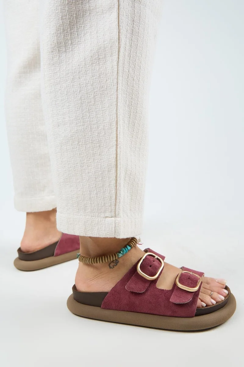 Manijero Manijero Lavanda Women's Genuine Leather Double Buckle Cherry Red Slippers